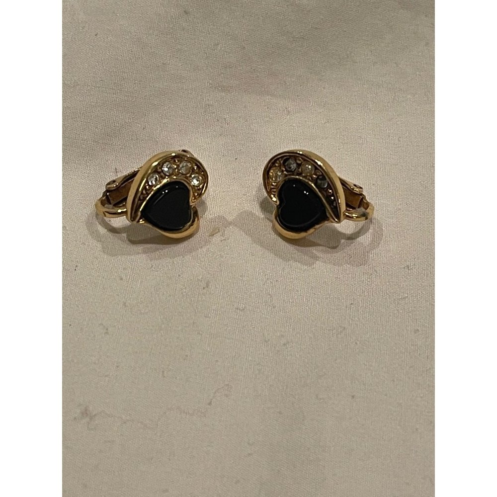 Vintage Avon Heart Shaped Rhinestone Edged With Black Gold Tone Clip-on Earrings